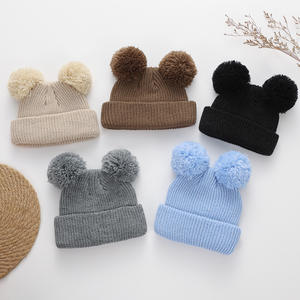 西希米双绒球婴儿帽女童秋冬保暖针织男童帽子加厚新生儿儿童毛线帽婴儿配饰 - Product Image 3