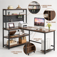 Bureau d'ordinateur en forme de L avec étagères de rangement, panneau perforé, prise de courant et support pour unité centrale pour bureau à domicile, bureau d'étude, poste de travail