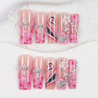 Venta al por mayor de fábrica: Uñas postizas de ataúd largas de ABS con pegamento, estilo Y2K, patrón rosa, 24 unidades, diseño y especificaciones.