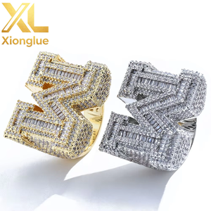 Custom Fashion Shiny Copper 18K Gold Plated <b>Initial</b> M Letter Micro Pave Baguette Zircon Hop <b>Ring</b> - Product Image 6