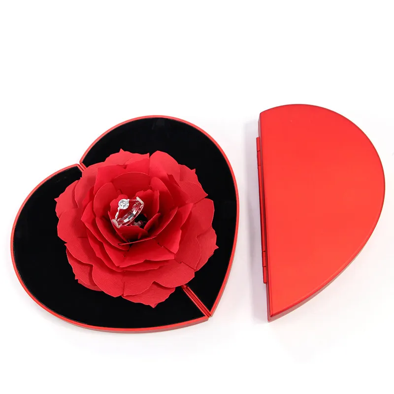 Rose Engagement Ring Box Proposal Ring Case Velvet Jewelry Gift Box Case Ring Holder for Wedding Valentine (Red Box)