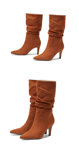 Jeans <b>Denim</b> Flock <b>Material</b> Pointed Toe Sexy Stilettos Nude Color Super Thin High Heels Mid-calf Pleated Design Women Boots - Product Image 6