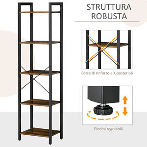 HOMCOM <b>Industrial</b> Style 5-Tier <b>Bookcase</b> in Wood and Steel, 40x30x154cm, Rustic Brown - Product Image 5