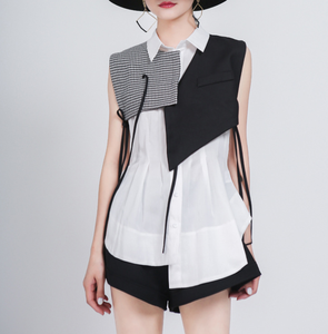 2020 femmes taille plissée sans manches Blouse Structure tridimensionnelle grand Arc ourlet plissé taille chemise blanche - Product Image 3