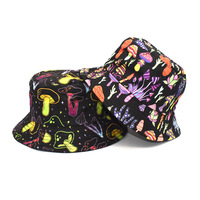 Chapeau Bob Personnalisé OEM avec Logo, Imprimé Champignon Cartoon Trippy, Réversible Noir Style Néon, Unisexe, pour Fête, Cyclisme, Ski, Festival
