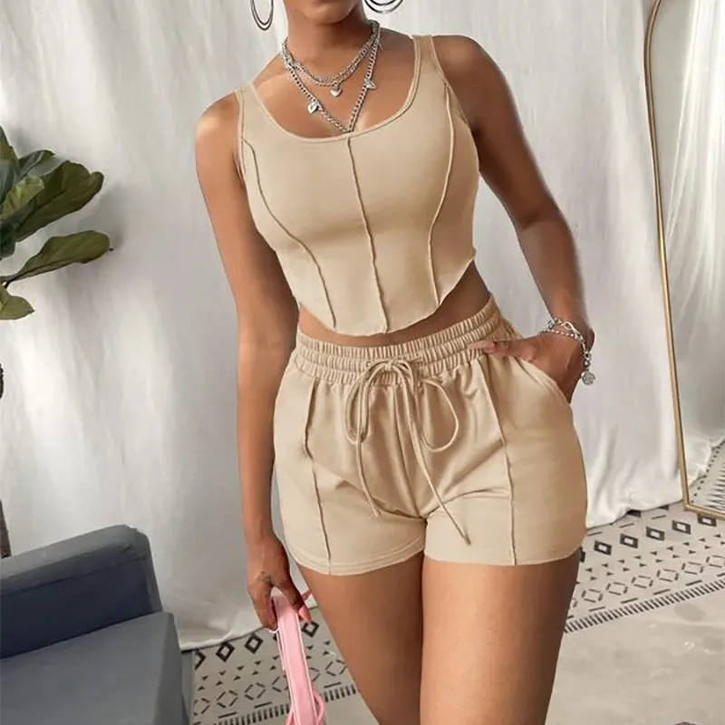 2022 Stylish Women For Shirts Mint Green Drawstring Camisole Suit Women's Fit High Quality Shorts Set