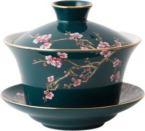 Hand-Painted Traditional Chinese Crane Rose Porcelain Gaiwan Set Green Lacquer <b>Tea</b> Bowl Saucer Infuser-Heat-Resistant <b>Tea</b> Set - Product Image 5