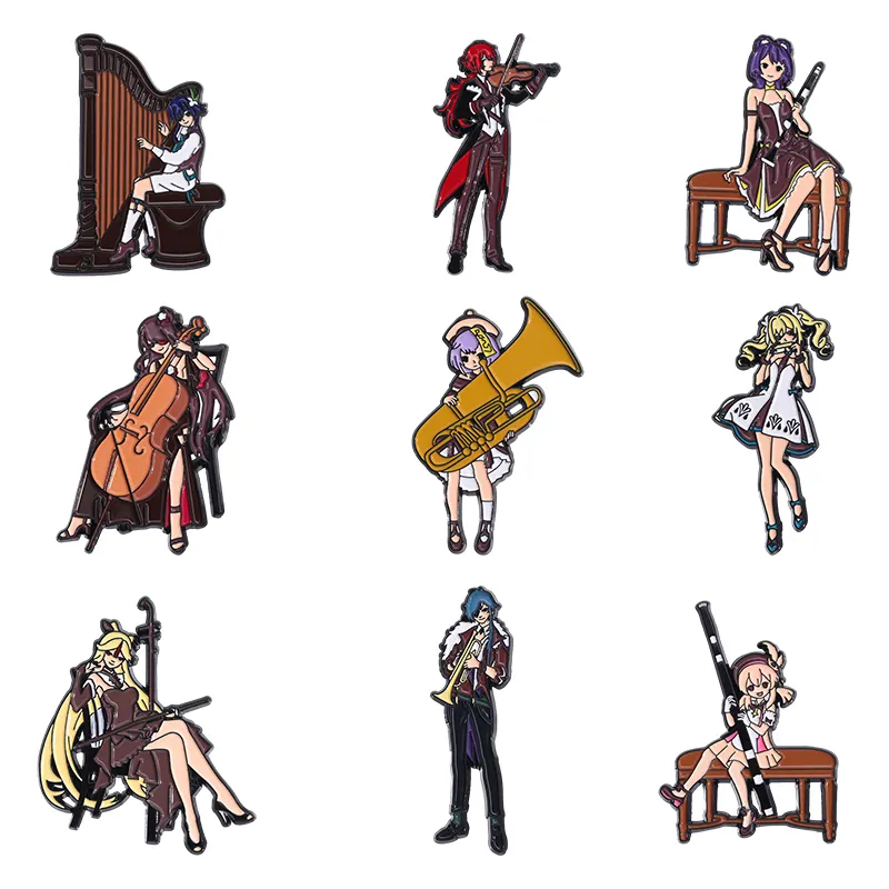 Cartoon Anime Charaktere spielen Musik Broschen benutzer definierte Design Cello Violine Harfe Flöte lustige Konzert leistung weiche Emaille Pin