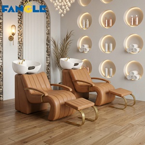 Fauteuil de lavage de luxe incurvé pour salon, station de lavage de cheveux en cuir PU avec cuvette en céramique, lit de lavage pour salon de coiffure - Product Image 1