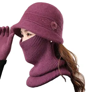 High Quality Elegant Women's Knitted Beanie Winter Outdoor Sports Warm Scarf Hat And Glove Set
