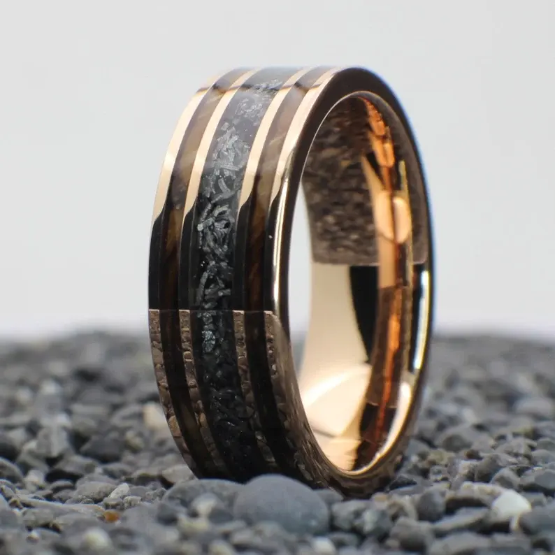2024 nuevos anillos de oro rosa de 18K con incrustaciones de meteorito whisky anillo de tungsteno de madera anillos de hombre joyería de moda
