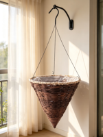 Panier à fleurs suspendu en ciment tressé conique, style américain, avec bord en corde, support métallique, doublure imperméable, pot de plante intérieur/extérieur