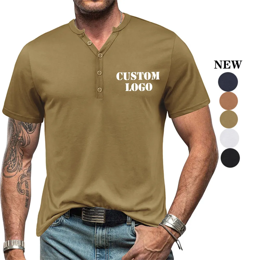 Fashion Manufacturer Custom Wholesale Breathable Men's Polyester/Cotton Short Sleeve Buttom V Neck Casual T-shirt For Male