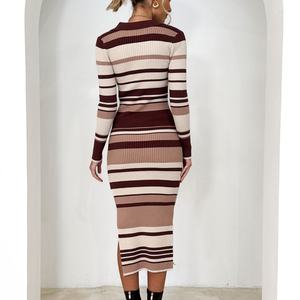 Vestidos Elegantes de Punto Midi con Cuello en V y Rayas de Diseño Nuevo para Mujer - Product Image 4