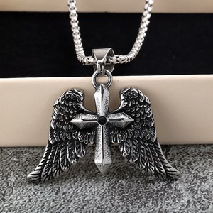 Stainless Steel <b>Cross</b> Wing Pendant Necklace Unisex Fashion Jewelry Gift for Men Women Geometric Design Asymmetry Style - Product Image 3