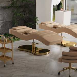 Muebles de Salón de Belleza Modernos de Lujo y Alta Calidad, Cama de Spa Facial de Cuero Marrón, Base de Acero Inoxidable, Cama para Pestañas, Cama de Belleza Curva - Product Image 3