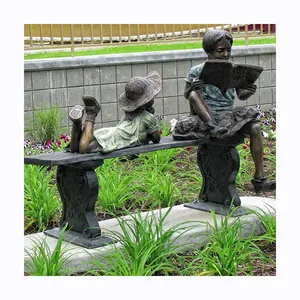 Outdoor garden decor children bronze sculptures of girl and boy reading on bench