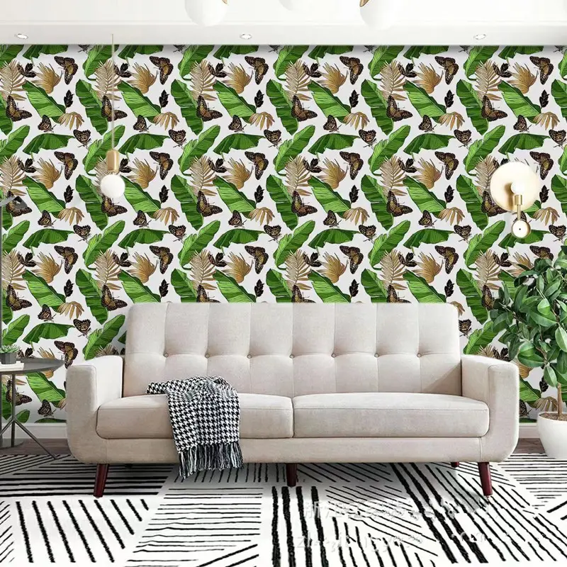 Wallpaper perekat PVC tahan air pola tanaman dan bunga populer untuk ruang keluarga dan furnitur