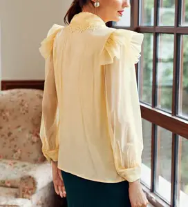 Custom Spring Fall Solid Ruffle Detail Button Front <strong>Peter</strong> <strong>Pan</strong> <strong>Collar</strong> <strong>Blouse</strong> Women Elegant High Quality <strong>Blouse</strong> - Product Image 2