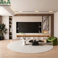 Mueble de TV Moderno SLS con Columna de Chimenea de Mármol, Consola Multimedia Acanalada, Estantes LED y Almacenamiento Oculto