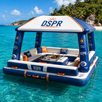 Île flottante gonflable pour parc aquatique avec bar, ponton et canapé à auvent pour club de plage, location pour fêtes, usage extérieur et loisirs