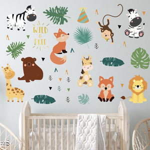 Pegatina de pared de animales del bosque para sala de estar, papel tapiz autoadhesivo de dibujos animados de zorro, mono, León, para dormitorio - Product Image 2