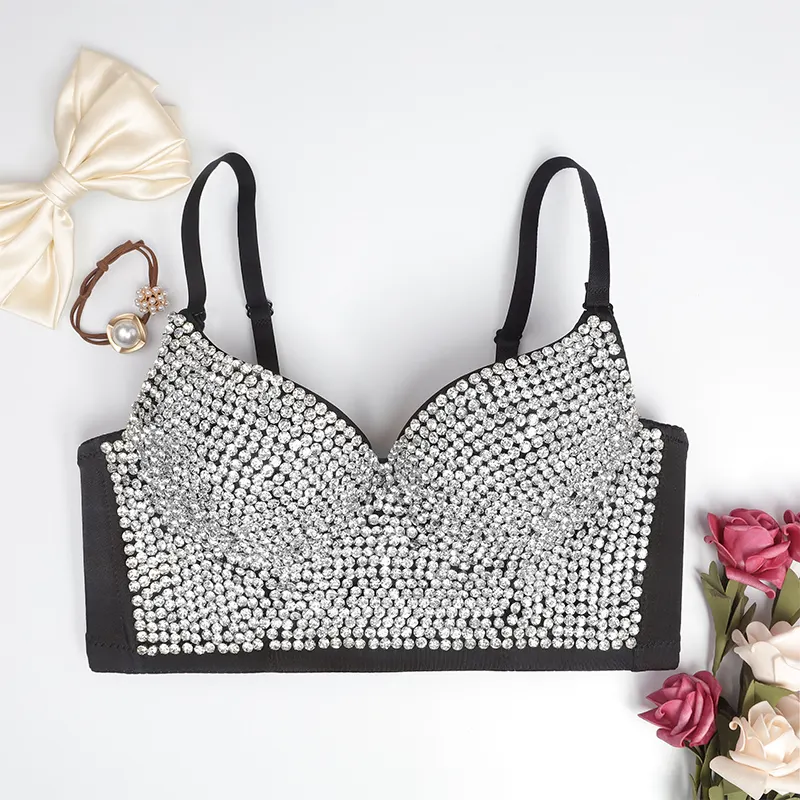 Wholesale Factory Oem Woman Push Up Black Rhinestone Chain Sexy Bustier Bra