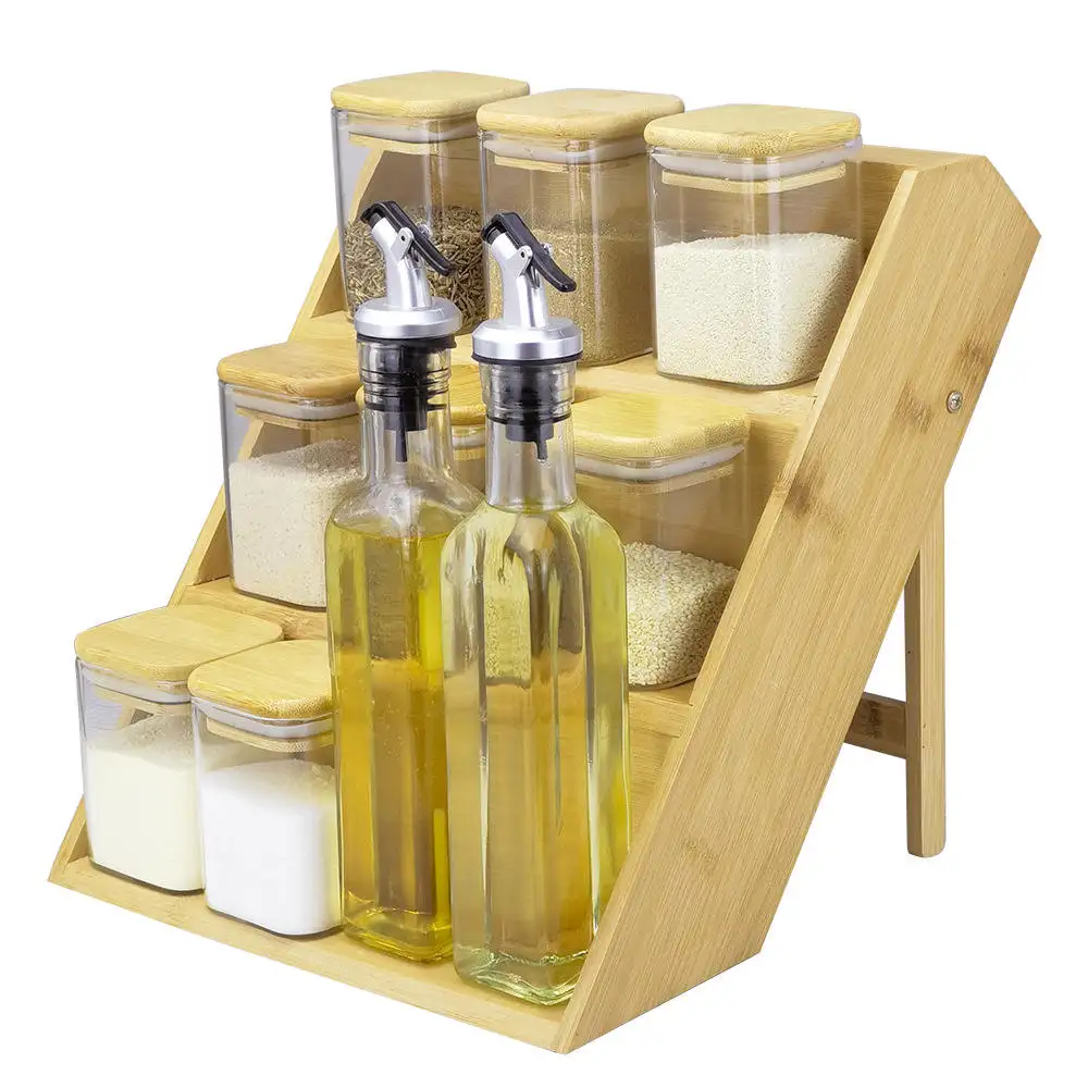 Kitchen Cooking Oil Bottles Set With Wooden Shelf Food Spice Storage Jars With Lids