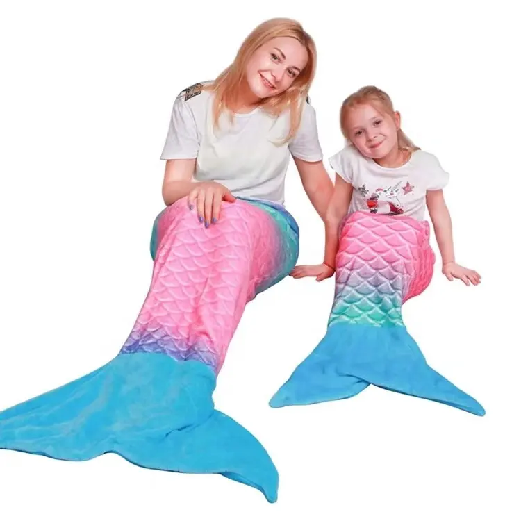 Hot sale classic pattern rainbow sequin flannel knitted adult kids mermaid tail wearable TV blanket