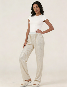 Pantalon droit taille haute élastique à sequins pour femme avec doublure douce, coupe décontractée et confortable - Product Image 4
