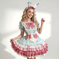 Robe Lolita rose pastel et verte avec volants, tablier et bandeau KC, ensemble complet pour femme, costume cosplay