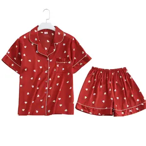 Pyjama en Satin soie imprimé cœur pour femmes, ensemble 2 pièces, haut à manches courtes, à revers, Cardigan, à la mode, 2020