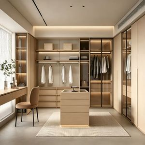 Light Wood Color Walk-in <strong>Wardrobe</strong> Cabinet Body with a Central Island Dressing Table and LED Lighting Bedroom Furniture <strong>Set</strong> - Product Image 1