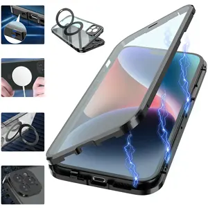 高品质双面全包装保护玻璃外壳，适用于iPhone12、13、14、15 pro max金属支架磁性外壳
