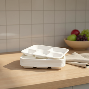 Ensemble de 5 plateaux repas élégants en fibre de canne à sucre de la marque JKD – Vaisselle pratique pour le déjeuner, assiettes au design raffiné pour la maison, le bureau et l'école - Product Image 1