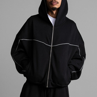 Ensemble de survêtement oversize personnalisé avec logo, 2 pièces : sweat à capuche zippé et pantalon de survêtement à jambes larges, passepoil blanc, épaules tombantes, style streetwear, OEM