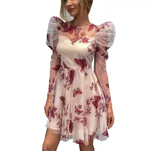 Sexy See-through Embroidered Lace Puff Sleeve Dress Petite Dress