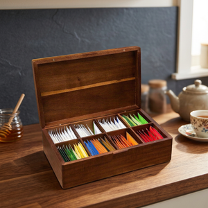 Boîte de rangement en bois détachable pour sachets de thé avec 4x8 compartiments, style campagnard, présentoir de rangement pour sachets de thé, coffre naturel - Product Image 4
