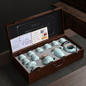 Service à thé Ru Kiln complet, théière en forme de calebasse avec poignée, grande capacité, céramique haut de gamme, coffret cadeau pour le Nouvel An chinois - Product Image 2