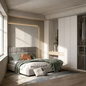 Armoire moderne à portes coulissantes blanches avec portes en verre et multiples étagères de rangement pour chambre à coucher sur mesure - Product Image 2