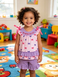 Conjunto de ropa para niña GSSO3460 rts Active Girl sin lazo, estampado de lazos morados y rosas, conjunto de manga voladora para niñas, venta al por mayor - Product Image 1