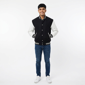 Mens Acrylic Wool and Cowhide <b>Leather</b> Varsity Style Jacket Quilted Lining Striped Ribbed Trim Urban Streetwear Fashion Outerwear - Product Image 1