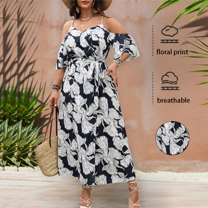 Vestido de talla grande para mujer, cuello en V, largo hasta el tobillo, estampado floral, corte en A, 100% poliéster, transpirable, estilo bohemio para vacaciones - Product Image 1
