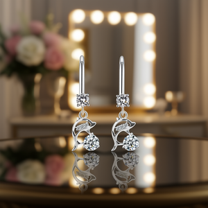Boucles d'oreilles pendantes dauphin en or blanc E927, serties de zircon rond, bijoux romantiques pour femme, cadeau tendance - Product Image 2
