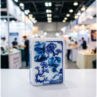 Jeu de tuiles de mahjong américain en acrylique marbré bleu, personnalisé, avec support de voyage, motifs Dragon et Bambou, pour le divertissement, cadeau blanc