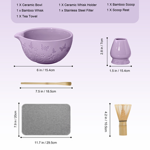 Juego de 4 Utensilios para la Ceremonia del Té Japonés, Tazón de Cerámica de Porcelana Grabado y Batidor de Bambú con Diseño de Mariposa - Product Image 2