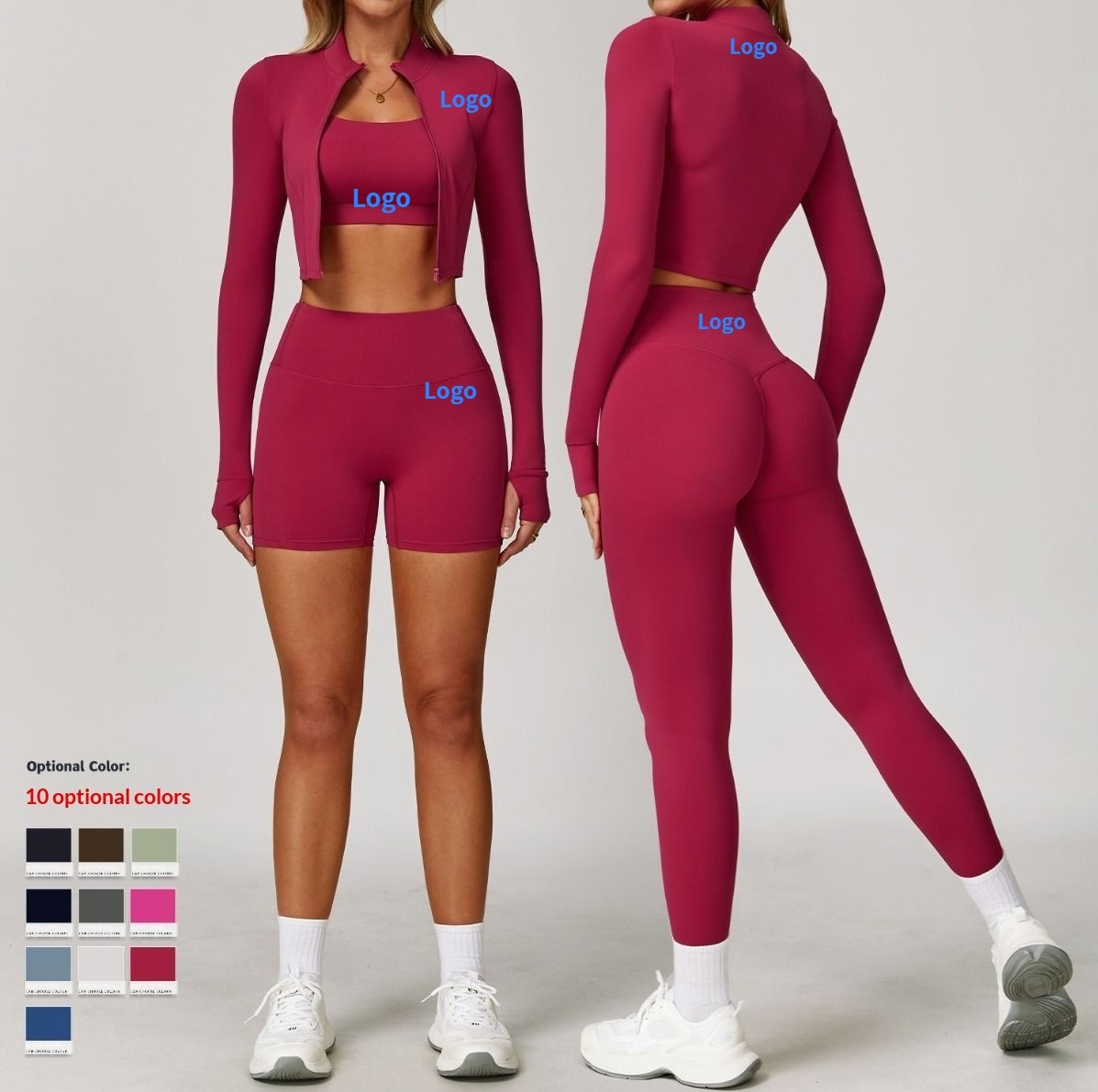Three Piece Shorts Set Solid Zippers Women's Gym Yoga Workout Seamless Long Sleeve Sports Suit Spandex/Nylon Quick Dry