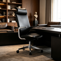Chaise de bureau exécutive ergonomique moderne à dossier haut pivotant, revêtement en cuir PU, base en aluminium réglable pour le bureau