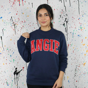 Sweat à capuche tendance pour femme Angie, col montant, bleu marine, appliqué blanc, hiver, lourd, 100% coton, fils fins - Product Image 1