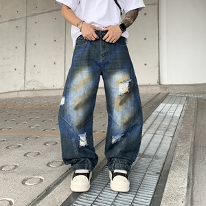 <span class=keywords><strong>Jean</strong></span> large coupe droite style hip-hop streetwear délavé effet vieilli dégradé avec trous – Idéal pour l'été - Product Image 1